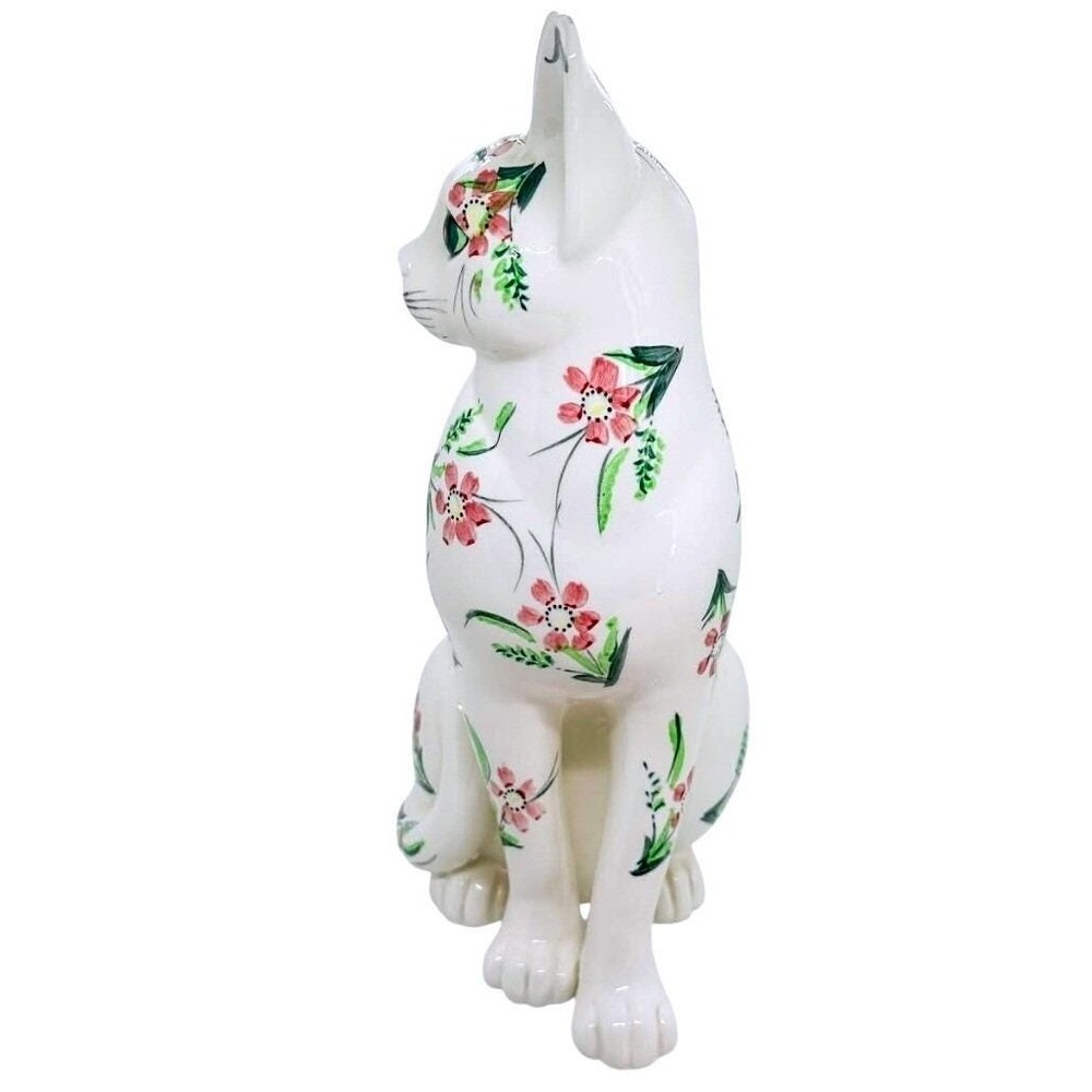 Vintage Norleans Cat Figurine Hand Painted Ceramic Pink Floral White‎ Green Eyes - Picture 2 of 5